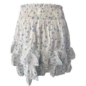 Rochelle Behrens Floral Blue White Ruffled Elastic Waist Skirt Womens M